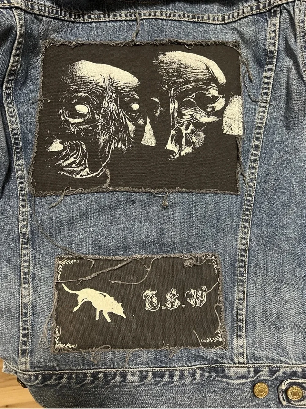 Vtg 92 Levi’s Made in USA 70529 Trucker Jacket Leather Patch Black Metal Art L - Picture 4 of 14